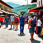 **A crowded marketplace in San José, Costa Rica, during the daytime. Tourists with backpacks are visible, some paying close attention to their belongings. Subtle pickpocketing activity in the background. The style should be realistic and slightly grainy, like a candid travel photo.**