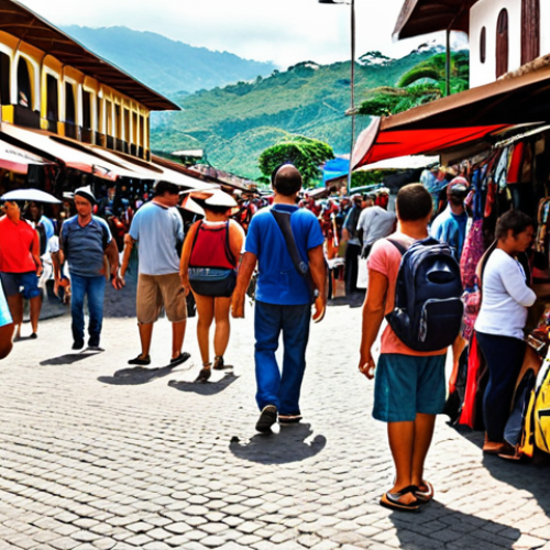 **A crowded marketplace in San José, Costa Rica, during the daytime. Tourists with backpacks are visible, some paying close attention to their belongings. Subtle pickpocketing activity in the background. The style should be realistic and slightly grainy, like a candid travel photo.**