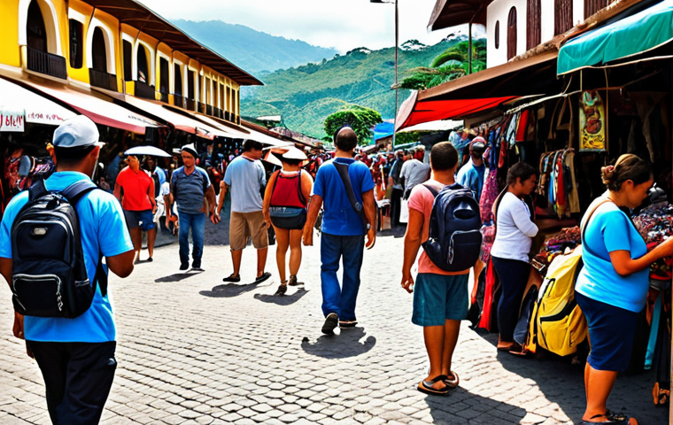 **A crowded marketplace in San José, Costa Rica, during the daytime. Tourists with backpacks are visible, some paying close attention to their belongings. Subtle pickpocketing activity in the background. The style should be realistic and slightly grainy, like a candid travel photo.**